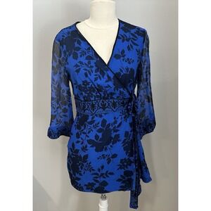 Vtg Carole Little 100% Silk Floral Side Wrap Blouse Sheer Sleeve Blue Size Small